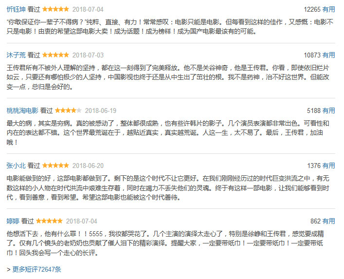 我不是药神，豆瓣上清一色的好评